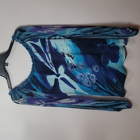 Forbidden Blue Ruffle Neck-line Sheer Balloon Sleeves Blouse - Picture 14 of 17